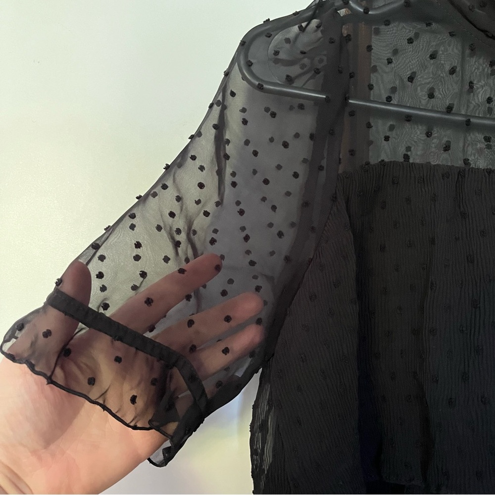 Zara Black Sheer Dot-Tier Tie-Neck Blouse - Picture 9 of 14